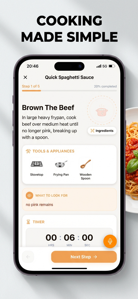 QiMeal - QiMeal App-Bildschirm mit Schritt-für-Schritt-Rezeptanleitungen und einem Koch-Timer