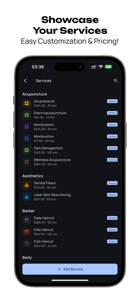 Bookora Calendar - Una lista de servicios profesionales personalizables con precios y duraciones en la aplicación Bookora Calendar