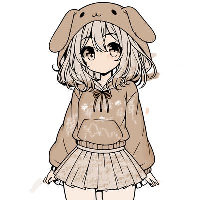 pretty anime girl wearing a fluffy hoodie with bunny ears on the hood and a skirt