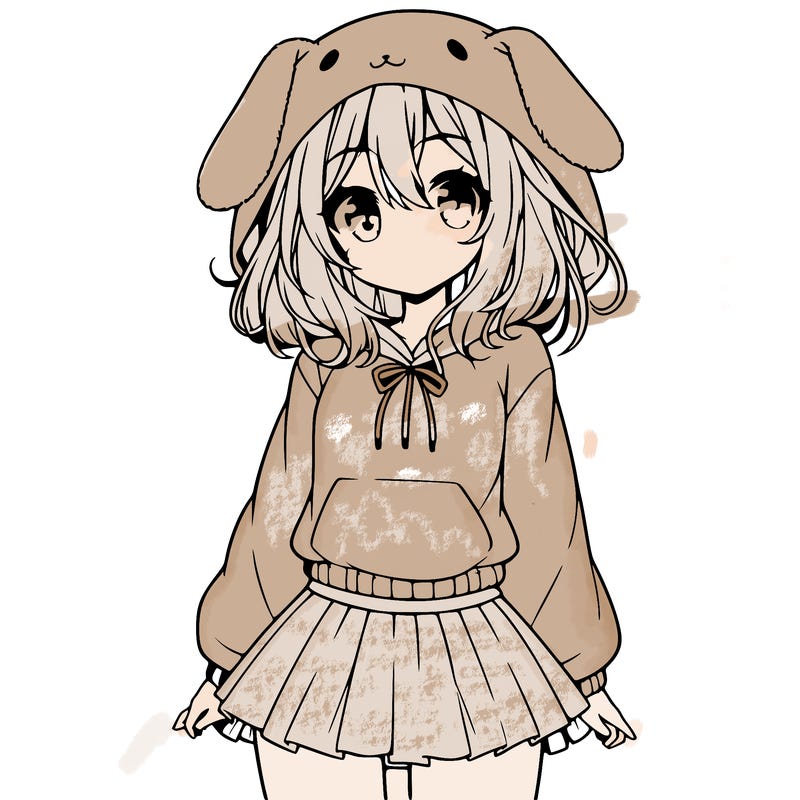 pretty anime girl wearing a fluffy hoodie with bunny ears on the hood and a skirt