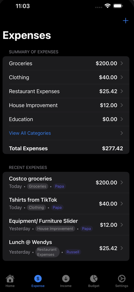 Track.Money - Track Money app interface showing an expense summary by category and a list of recent household transactions categorized by person