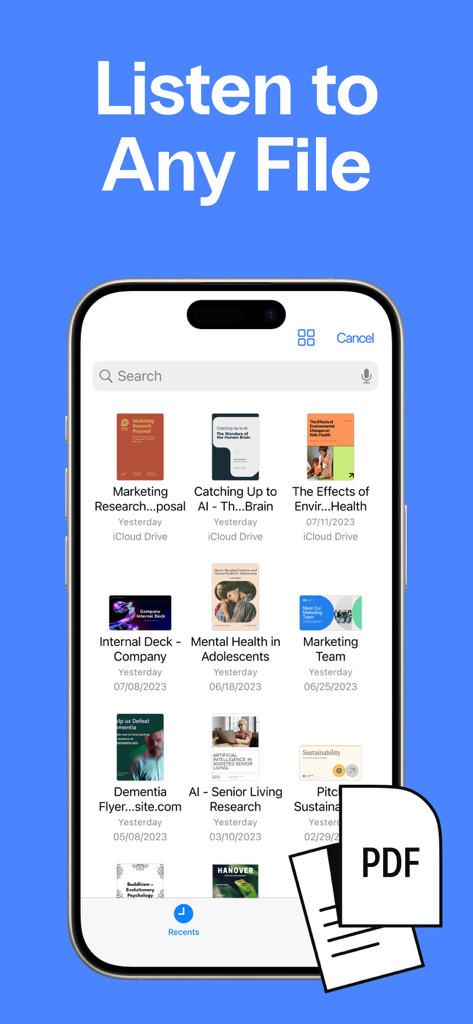Speak4Me Text to Speech Reader - Speak4Me app library interface displaying various documents and PDF files to read aloud