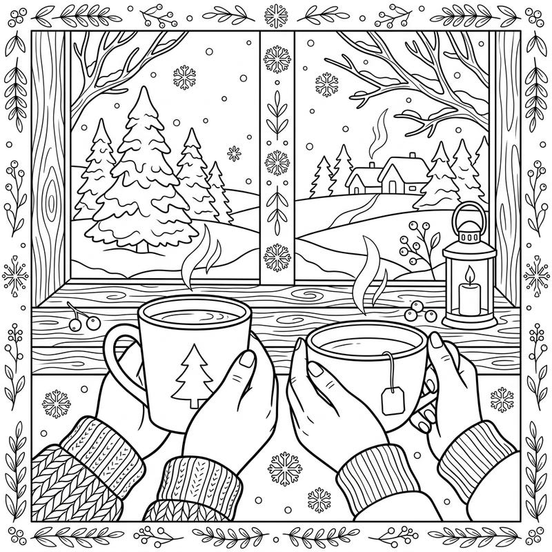 Snuggle up with this heartwarming coloring page featuring hands gently holding steaming mugs against a beautiful snowy backdrop. It's the perfect way to embrace cozy winter days and unwind with your creativity.