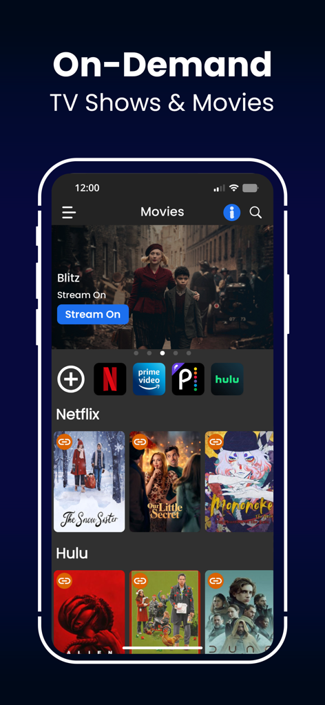 FreeCast: TV Shows & Movies - FreeCast app interface showing on demand movies and TV shows from Netflix Hulu and Prime Video in one unified guide