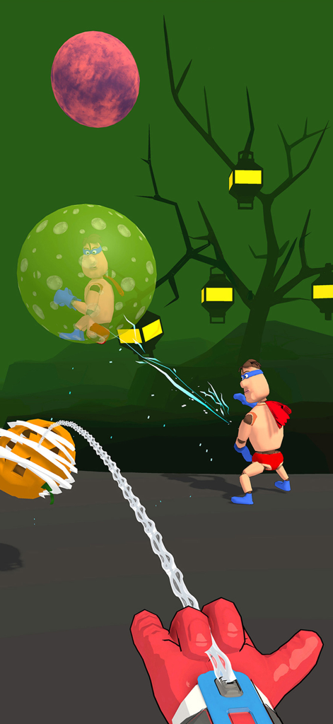 Vista en primera persona disparando una red para capturar un muñeco de superhéroe en una burbuja