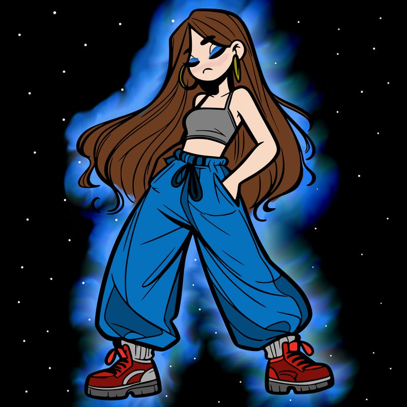 girl in baggy pants crop top and long hair