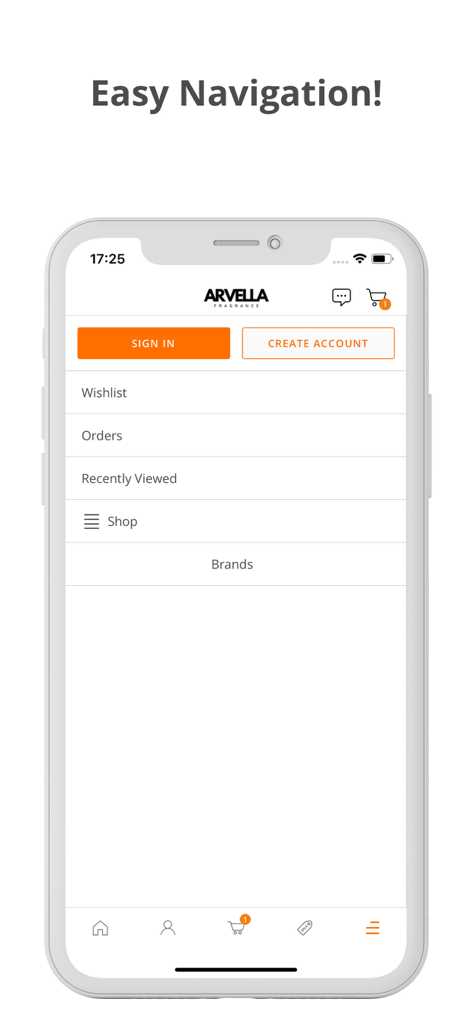 Arvella Fragrance - 아벨라 향수 모바일 앱 탐색 메뉴에서 계정 옵션 및 쇼핑 카테고리를 보여줍니다