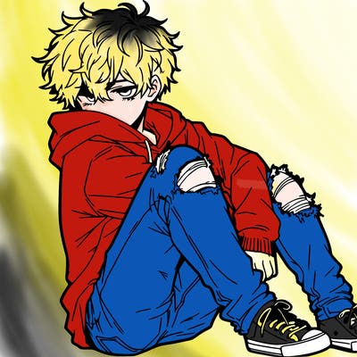 a male hoddie ripped jeans messy hair anime