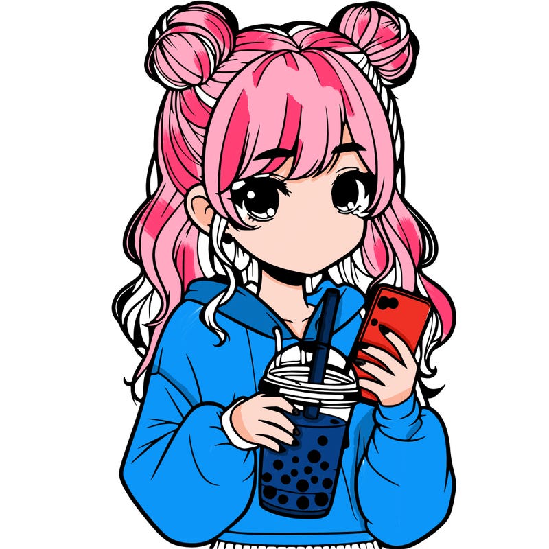 realistic girl with a lphone and boba