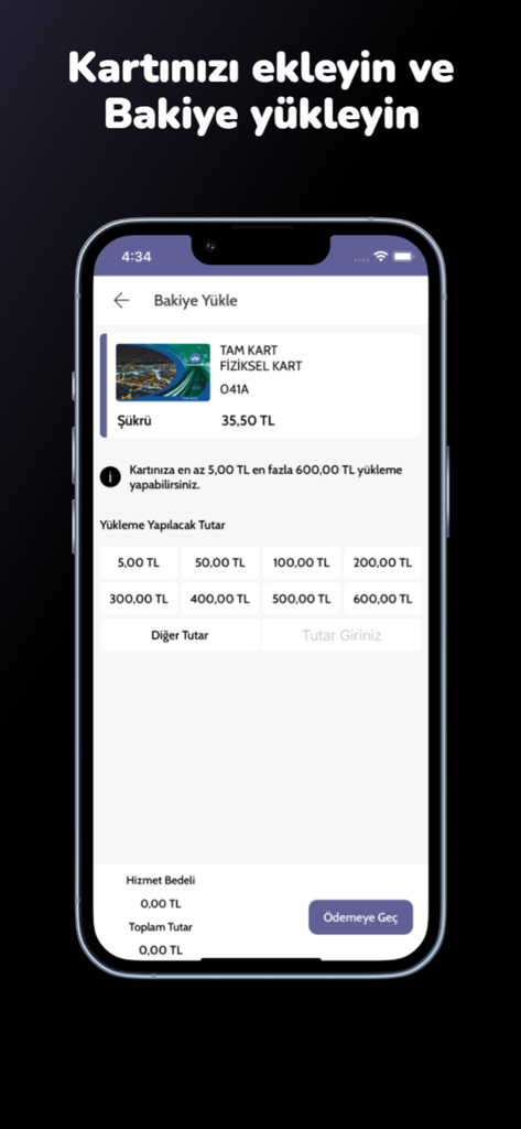 Elazığ Ulaşım - Mobile app interface showing options to top up balance for an Elazığ transit card