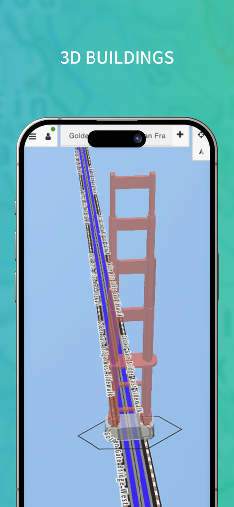A 3D model of the Golden Gate Bridge displayed in the Mapeak navigation app