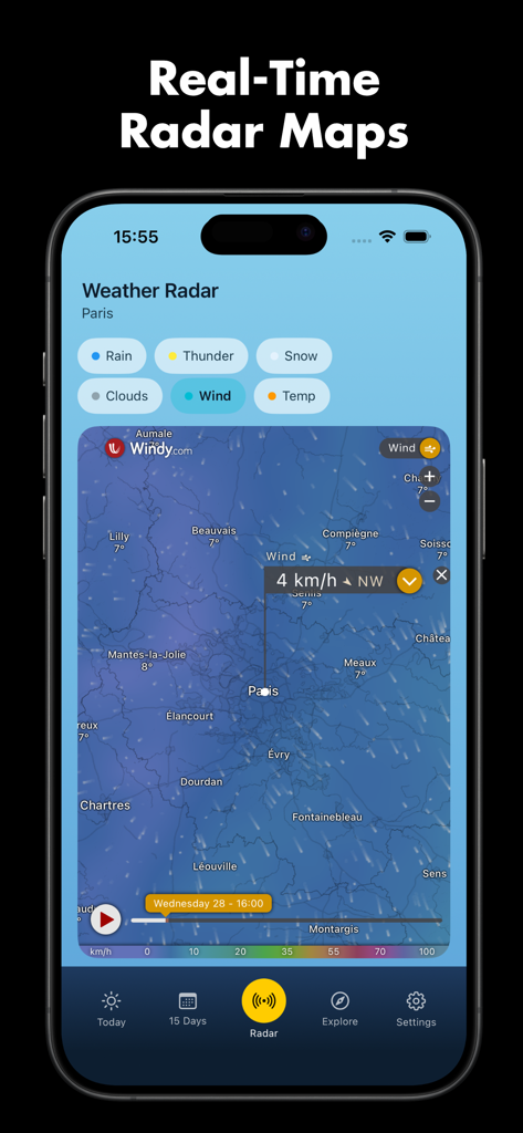 WeatherMax: Daily Forecast - iPhone screen showing the WeatherMax app real-time radar map feature with wind data for Paris