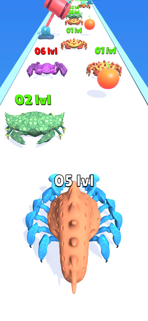 Crab Evolution Run - Gameplay of Crab Evolution Run showing a level 5 crab moving along a track with obstacles and other crabs