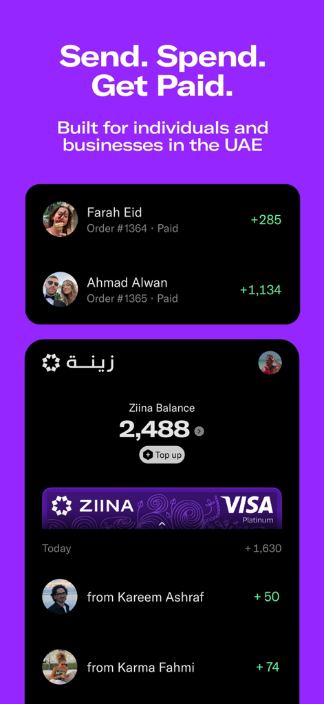 Ziina mobile app main screen displaying the digital wallet balance and recent transaction history.