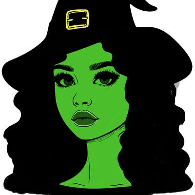 realistic girl with wavy hair a witch hat and a nose and lips and eyes