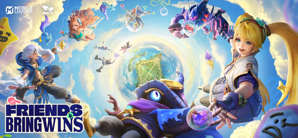 Promotional artwork for Mobile Legends Bang Bang US featuring several heroes and the slogan Friends Bring Wins.