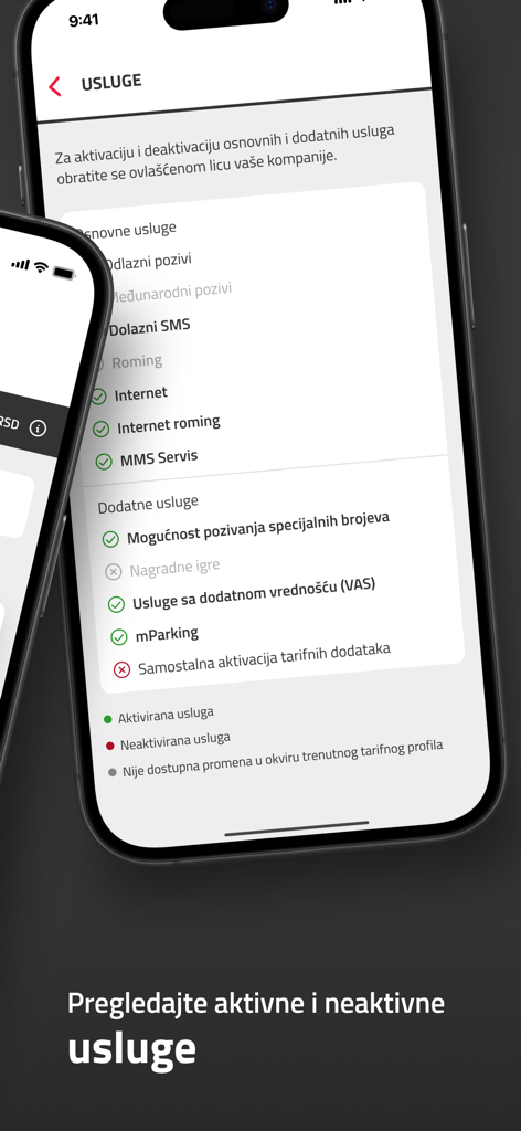 mts Biznis - A smartphone displaying the services management screen of the mts Biznis mobile application