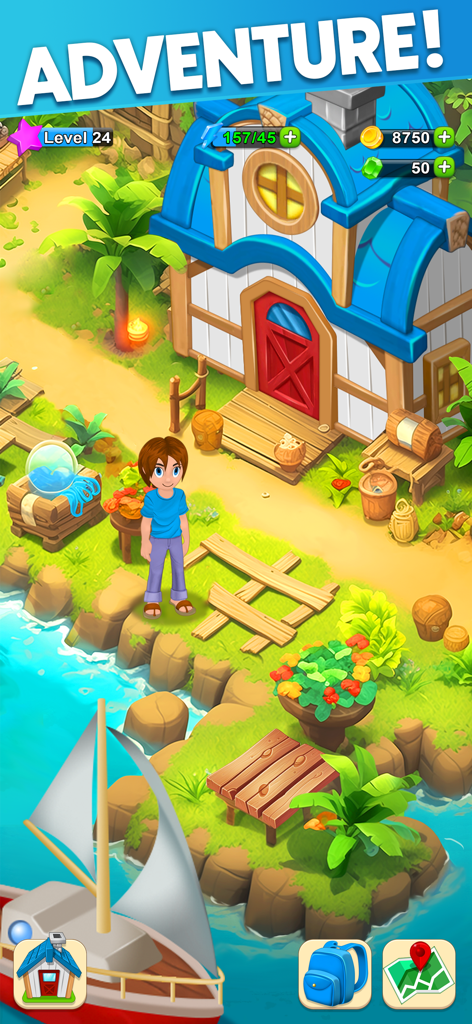 Skyberry Island: Family Farm - Un personaje de pie en una isla tropical frente a una casa con techo azul y un barco en primer plano