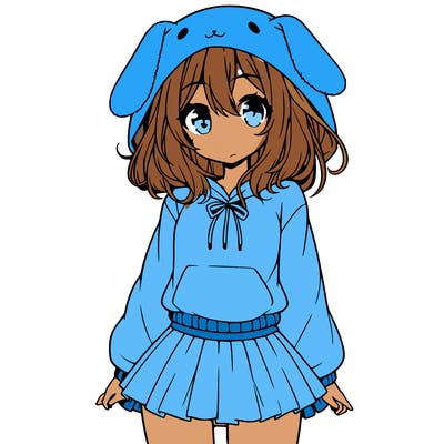 pretty anime girl wearing a fluffy hoodie with bunny ears on the hood and a skirt