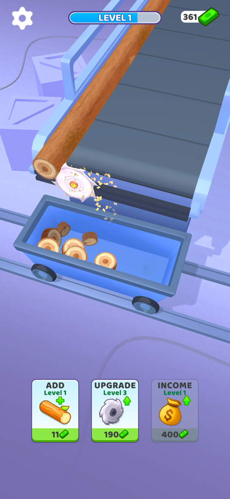 A circular saw slicing a wooden log on a conveyor belt in Idle Cutter