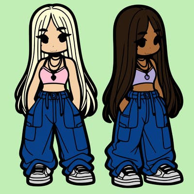girl in baggy pants crop top and long hair