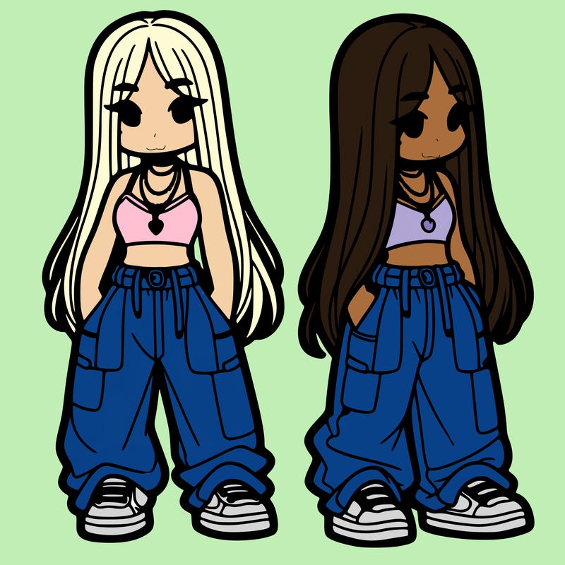 girl in baggy pants crop top and long hair