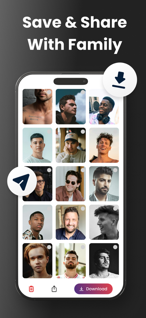 Interface of the AI Photo Enhancer app displaying a grid of enhanced portrait photos with options to save and share with family