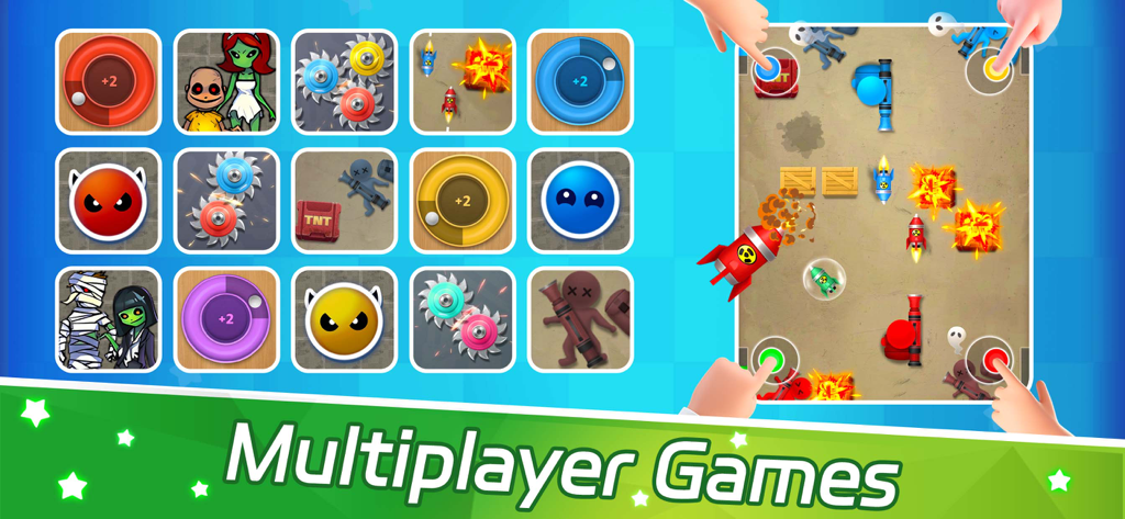Un menú que muestra una colección de minijuegos y una sesión de juego en vivo de guerra de cohetes