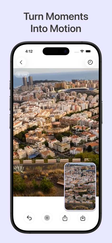GenLive: AI Video & Live Photo - Schermo dello smartphone che mostra l'app GenLive che anima una foto di un paesaggio urbano con il testo Trasforma i Momenti in Movimento