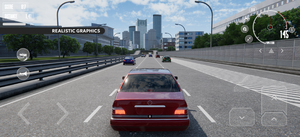 A red car driving on a multilane highway towards a city skyline with realistic graphics in Dream Road Online