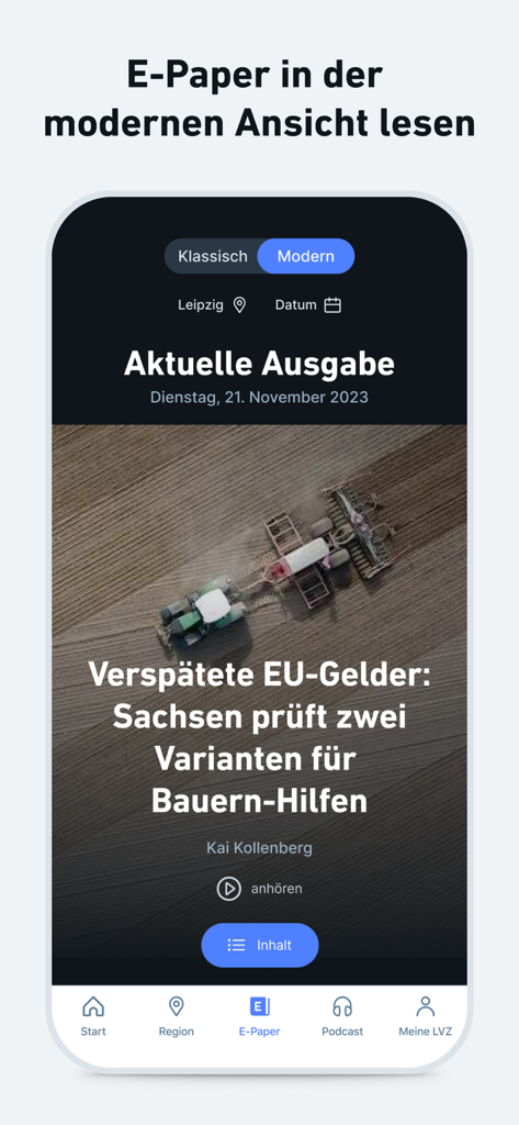 LVZ - Nachrichten und Podcast - LVZ mobile app showing a news article in modern e-paper view.