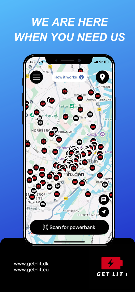 Get Lit - Get Lit mobile app screen showing a map of powerbank charging stations with a scan button
