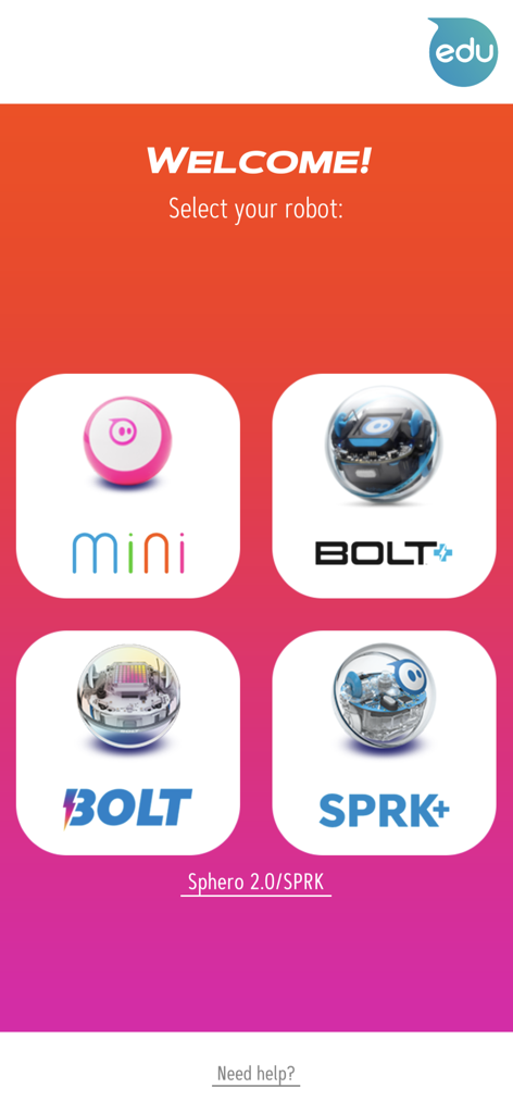 Sphero Play welcome screen showing options to select Mini, BOLT, BOLT plus, or SPRK plus robots