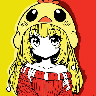 anime girl with chick shaped hat with sweater with bare shoulders with bangs covering them one eye with low tail