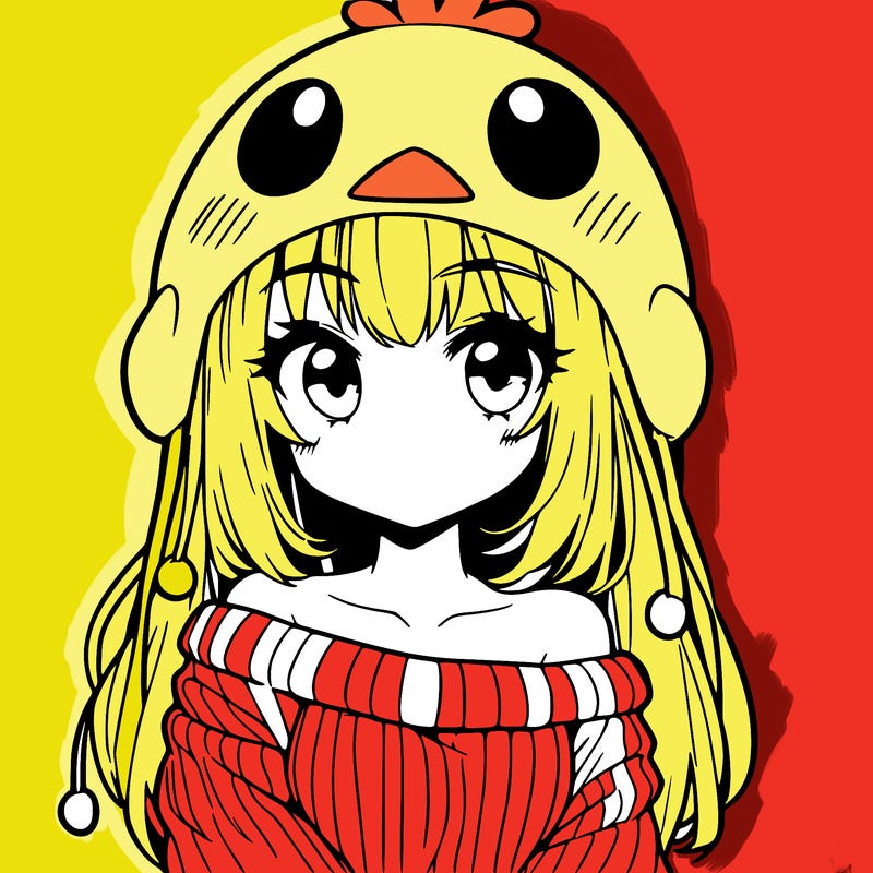anime girl with chick shaped hat with sweater with bare shoulders with bangs covering them one eye with low tail