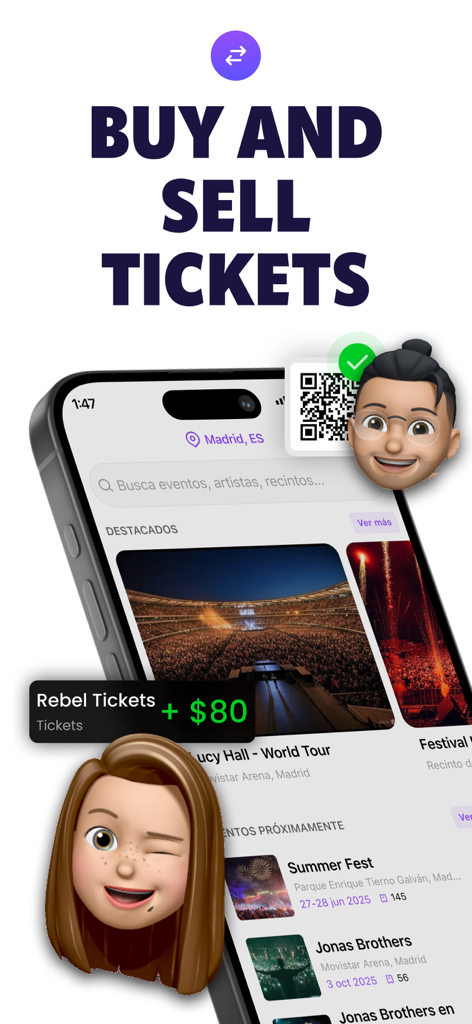 Rebel - Buy and Sell Tickets - A mobile app interface on an iPhone displaying event tickets for sale with Gen Z memojis and a buy and sell tickets heading