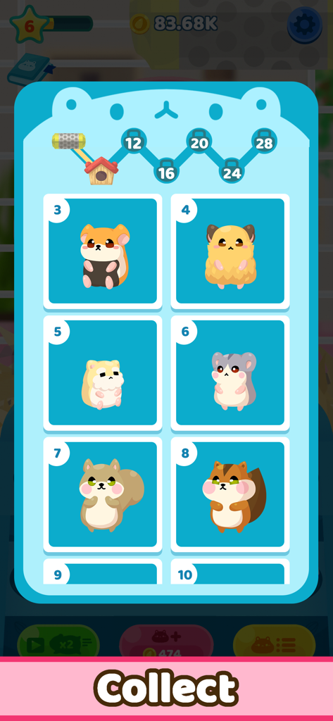 Hamster House! - A collection menu in the Hamster House game displaying various cute unlocked hamsters and squirrels