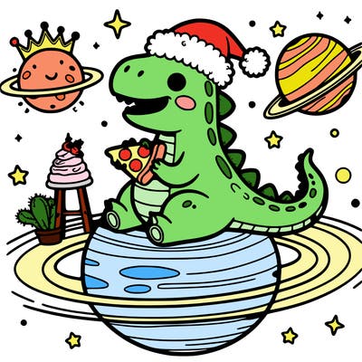 dinosaur riding a dragon eating pizza wearing a santa hat and crown while in the solar system