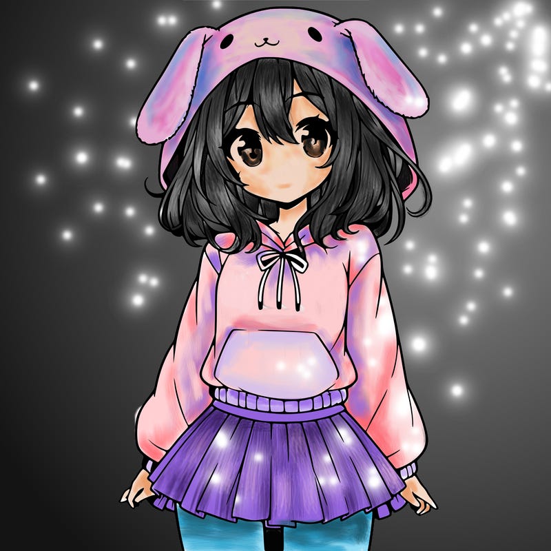 pretty anime girl wearing a fluffy hoodie with bunny ears on the hood and a skirt