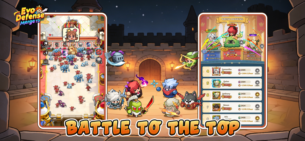 Evo Defense: Merge TD - Evo Defense Merge TD Arena Ranking leaderboard showing top players and competitive PvP rankings