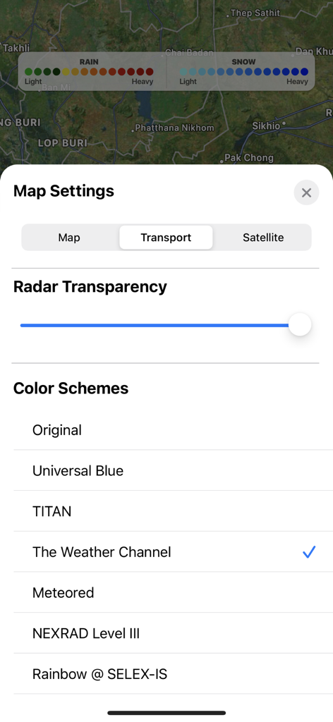 Map settings in Rain Radar app showing radar transparency slider and color scheme options