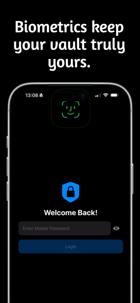 KeyCave: Your Password Manager - Pantalla de inicio de sesión del gestor de contraseñas KeyCave con autenticación biométrica Face ID
