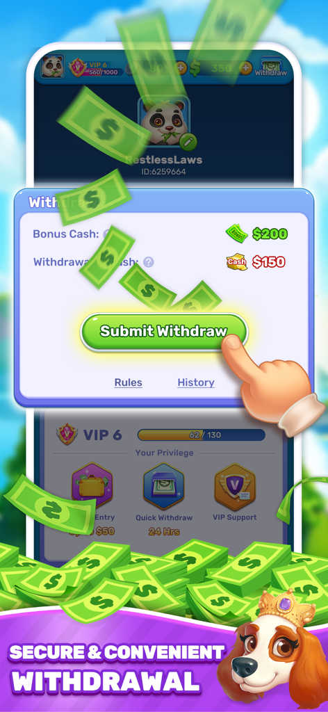 Bubble Glint app interface showing a secure cash withdrawal screen with dollar bills and a submit button.