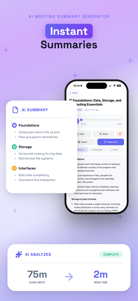 SpeakNotes app interface showing an AI generated summary that turns 75 minutes of audio into a 2 minute read