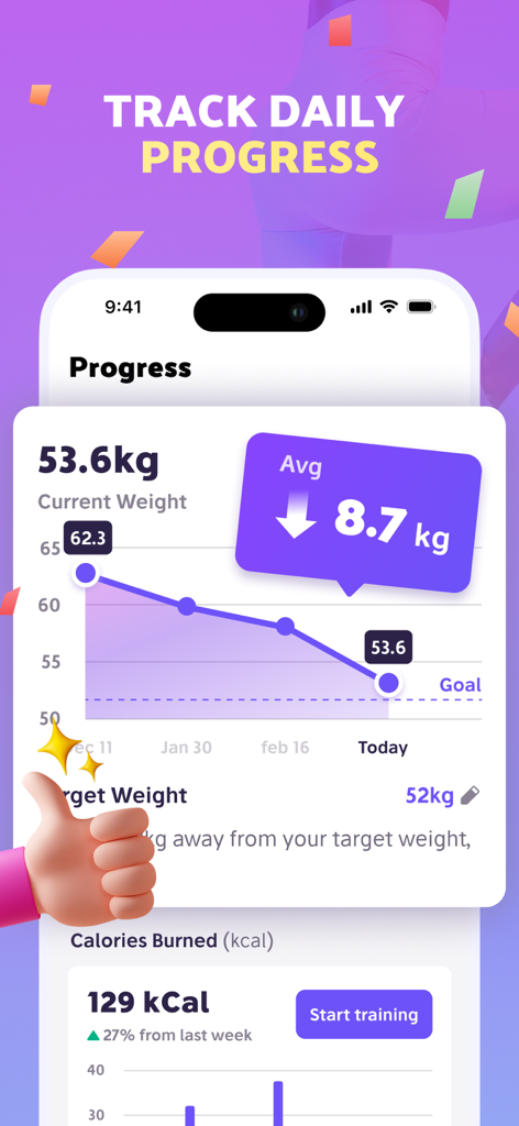 Fitease app screen displaying weight loss progress graph and daily calories burned