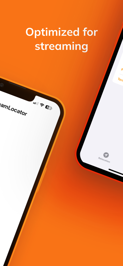 StreamLocator: Better than VPN - StreamLocator app screenshot displaying the text Optimized for streaming on an orange background with mobile phone interface.