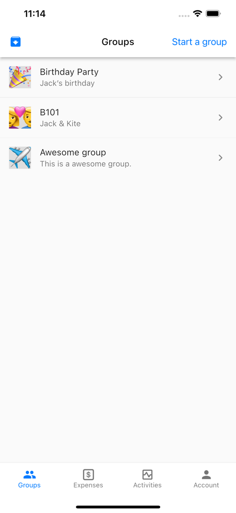 Split Bills With Friends - Interface of the Split Bills With Friends app showing a list of shared expense groups like Birthday Party and Awesome group