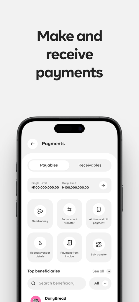 Prospaモバイルアプリの支払い送受信画面、バルク転送と請求書支払いオプションがあります