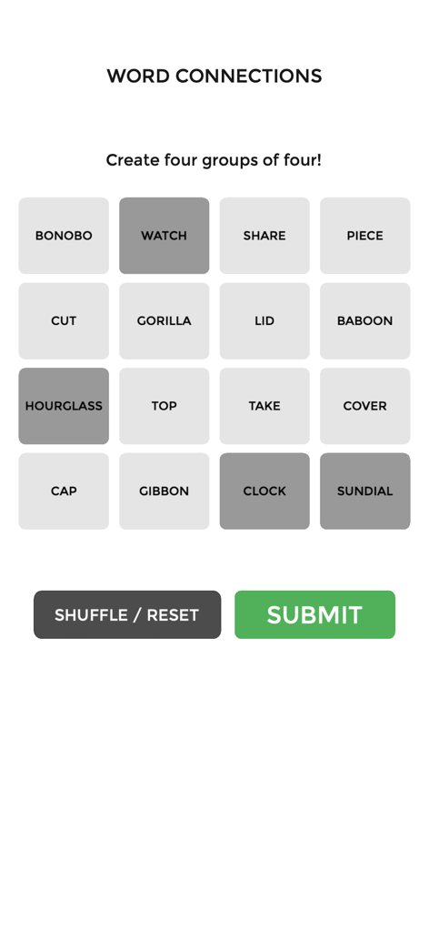 Connect Words - Puzzle Game - Pantalla del juego de acertijos de palabras que muestra una cuadrícula de 4x4 de palabras para agrupar por tema