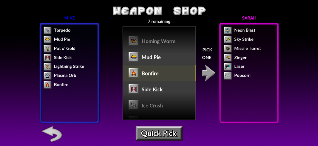 Two players Mike and Sarah choosing weapons in the Pocket Tanks Deluxe weapon shop screen